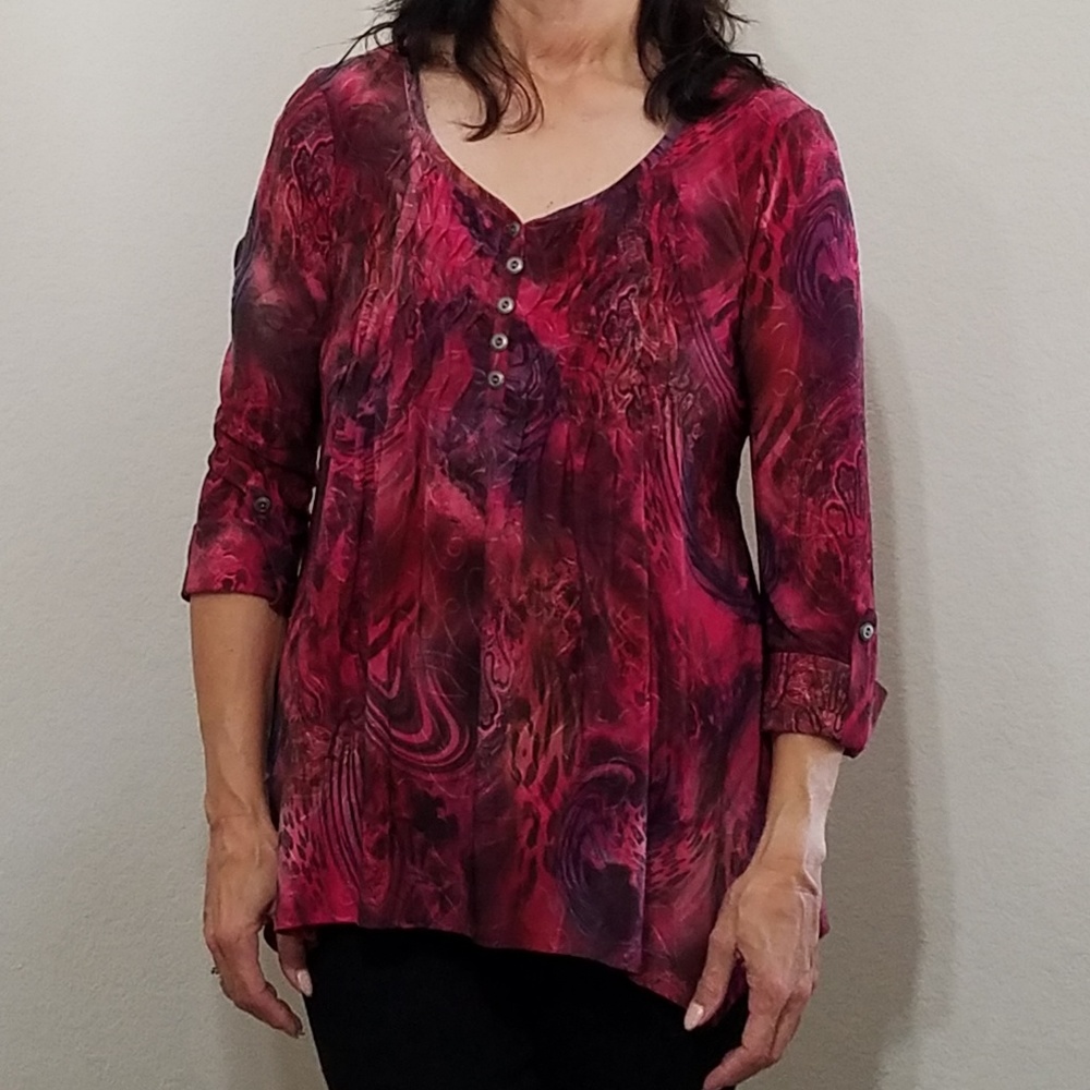 New Directions Red textured abstract graphic top tunic Small